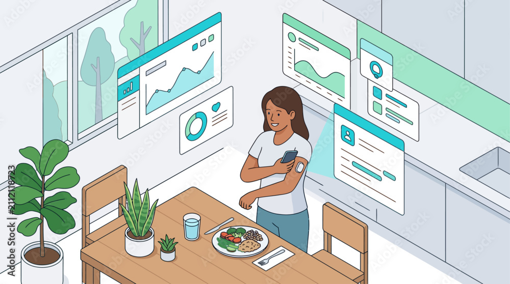 Fototapeta premium Isometric illustration of a woman monitoring blood glucose levels with a smartphone and wearable sensor in a modern kitchen for digital health and diabetes management