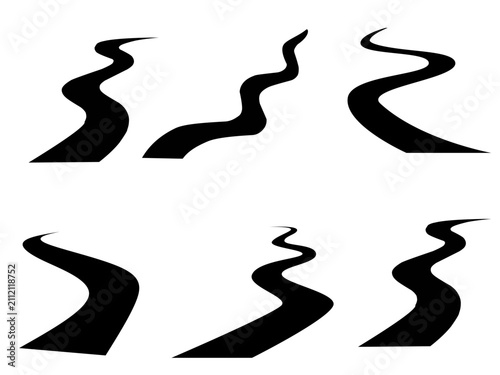 Set of Black Winding Road Silhouettes Isolated on White Background Vector Illustration