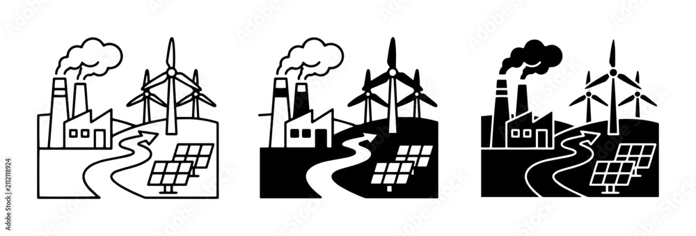 Obraz premium Renewable Energy Icons, Industrial Power Generation, Sustainable Future Concepts