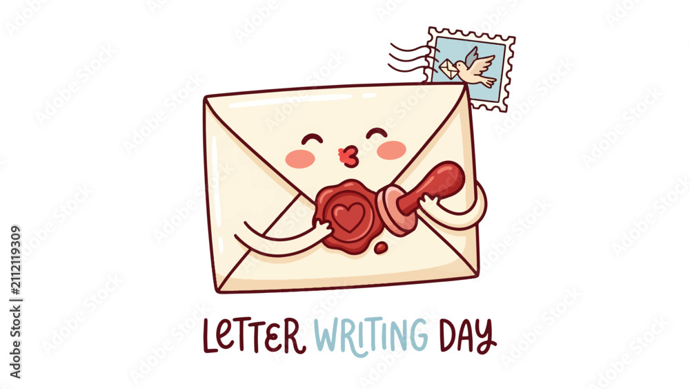 Obraz premium Letter Writing Day Cute Envelope with Heart Wax Seal Illustration