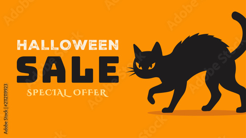 ハロウィンセール黒猫イラスト特別オファー販売促進バナー背景 ベクター素材 オレンジ 16:9