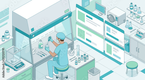 Isometric laboratory scene with researcher using pipette in medical research facility for scientific experimentation and digital data analysis