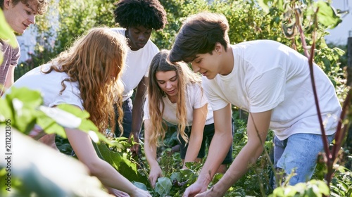 Young Friends Harvesting Fresh Vegetables Together Outdoors