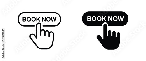 Hand Clicking Book Now Button with cursor click, online reservation, booking interface, call to action, website navigation and flat vector illustration