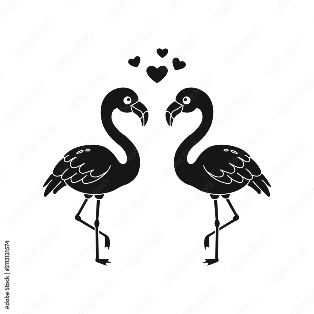 Obraz premium Two Flamingos With Hearts Silhouette Design Romantic Flamingos Heart Symbols Vector Logo