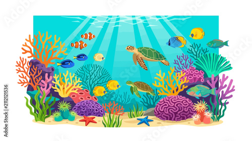 Vibrant underwater coral reef teeming with diverse marine life, including colorful fish and sea turtles, illuminated by sunbeams from above