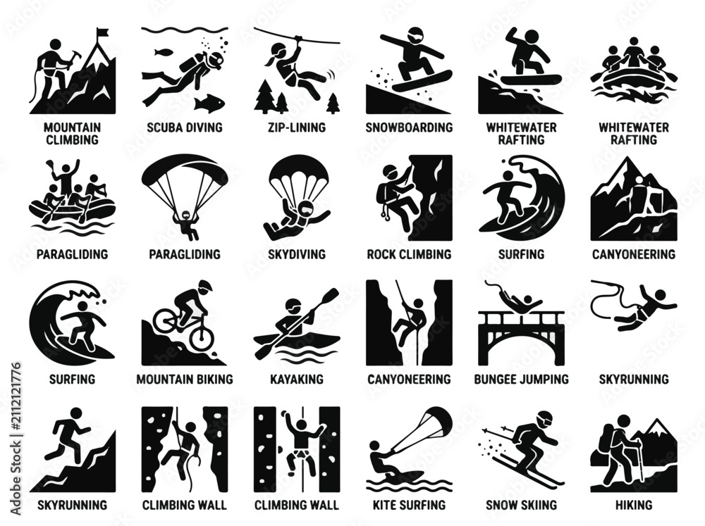 Obraz premium Adventure Sports Pictograms Collection Vector Illustration for Outdoor Recreation Activities Design Projects