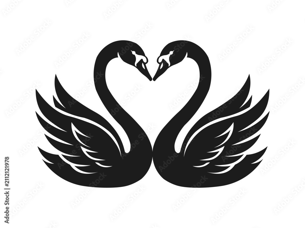 Obraz premium Two Swans Forming A Heart Shape Silhouette