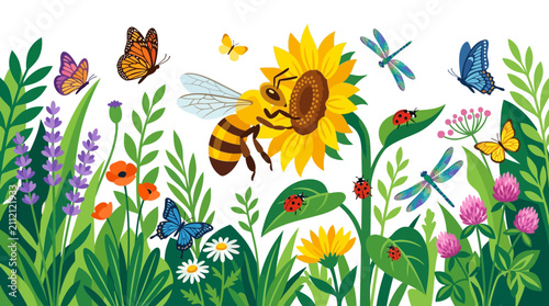 Vibrant illustration of a bee collecting nectar from a sunflower amidst a lush garden filled with butterflies, dragonflies, ladybugs, and various wildflowers