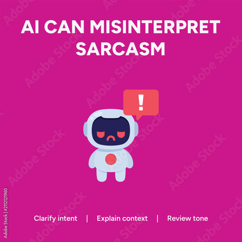 Artificial intelligence robot with sarcasm misinterpretation text, confused AI bot vector illustration, technology error concept on pink background