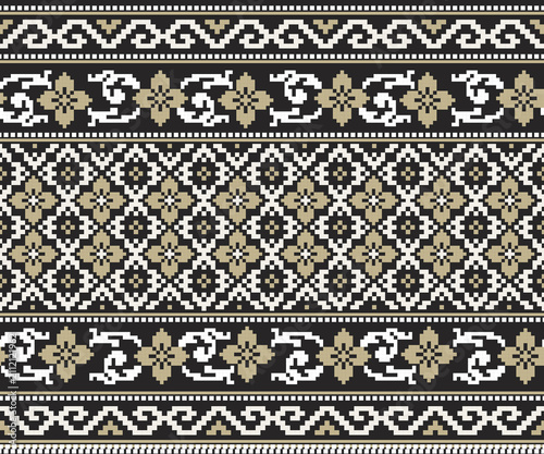 A seamless horizontal pattern featuring various golden floral motifs arranged in geometric shapes; designed for backgrounds, decorations, fabrics, and clothing.