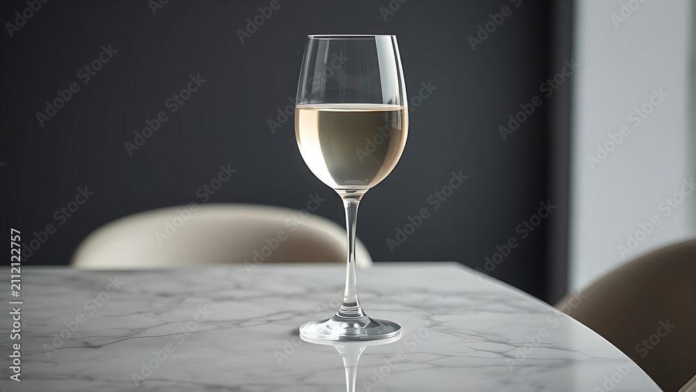 Fototapeta premium Elegant crystal wine glass resting on marble, reflecting soft ambient light in minimalist style.