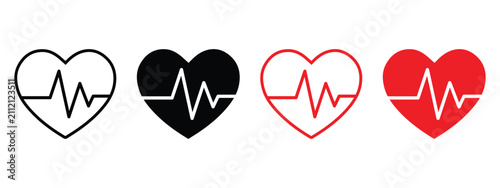 Heartbeat Icon Logo Illustration in Black Red and White Pictogram Vector Isolated on Transparent Background