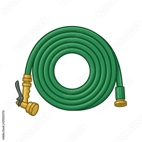 Coiled Green Garden Hose with Spray Nozzle Vector Illustration Isolated on White Background for Gardening Concept