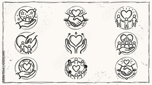 Charity Donation Hand Drawn Icon Set For Community Care