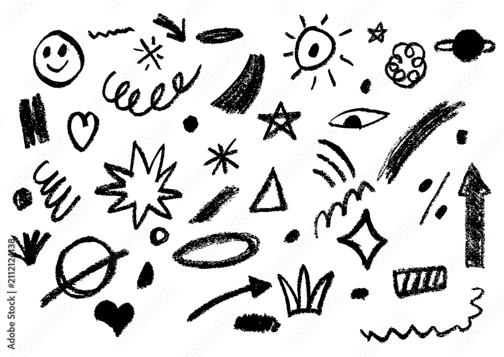 Fototapeta premium Hand-drawn children doodles and scribbles with eye, love, sun, star, arrow and various shapes for clipart, poster, and highlight. Vector illustration on white background.