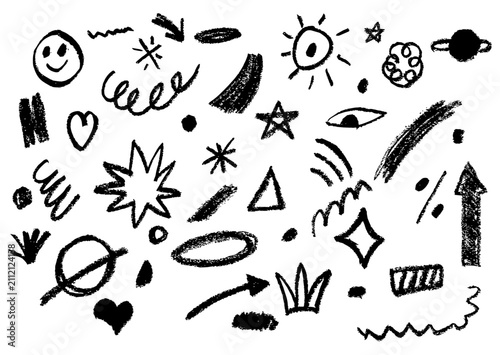 Hand-drawn children doodles and scribbles with eye, love, sun, star, arrow and various shapes for clipart, poster, and highlight. Vector illustration on white background.