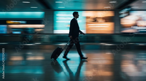 Silhouette of a businessman walking with luggage in a modern airport terminal with motion blur.
