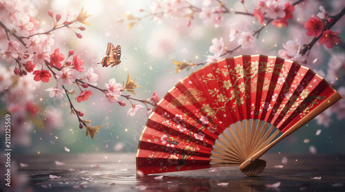 金箔装飾が美しい赤い和扇子と桜の花と蝶の幻想的な風景