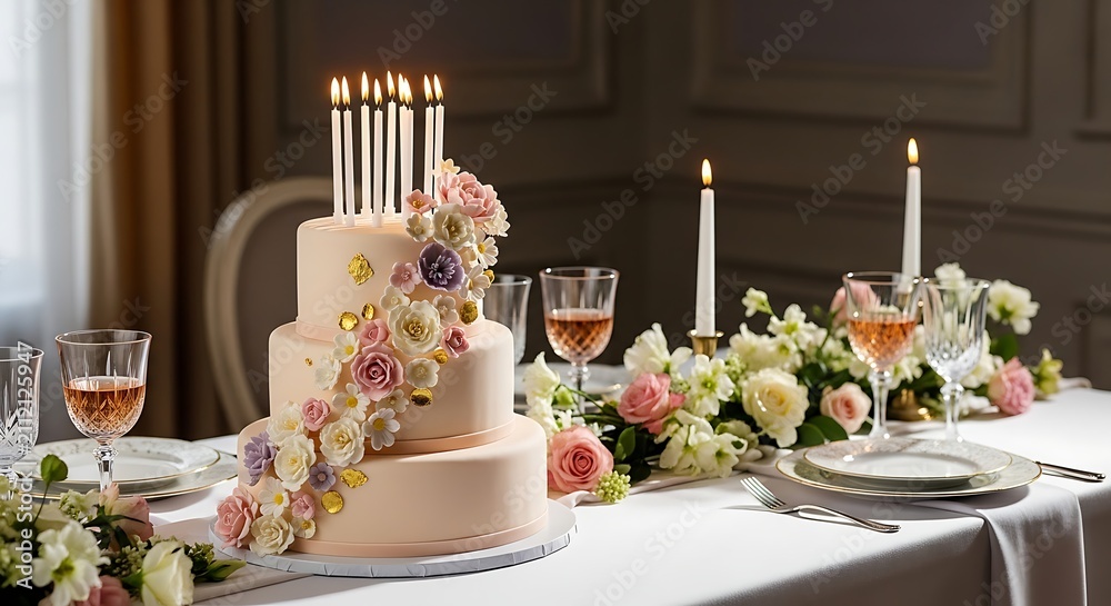 Fototapeta premium Elegant tiered birthday cake with lit candles on a decorated dining table