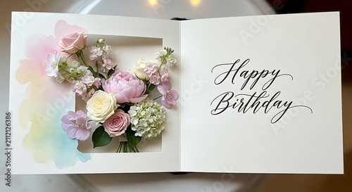 Open book with beautiful floral arrangement and handwritten happy birthday greeting card