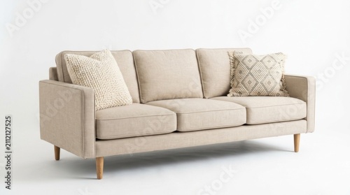 A beige sofa with three cushions and wooden legs, placed against a white background with a neutral color palette.