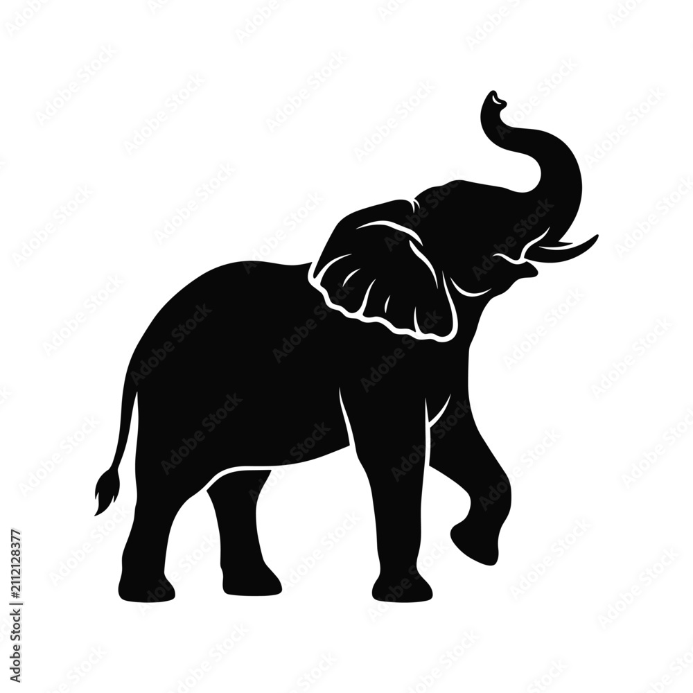 Obraz premium Elephant with trunk up black vector silhouette isolated on white background for wildlife logo, African safari emblem, zoo icon, lucky symbol, and sticker design