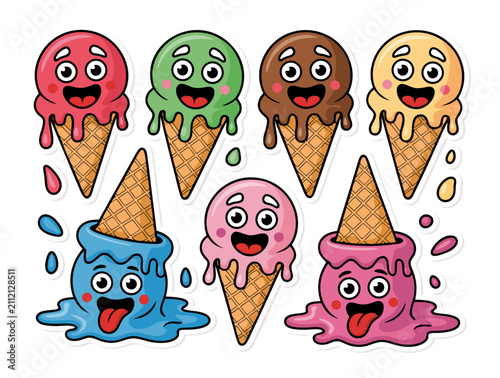 Melting Cute Funny ice cream cone character set.