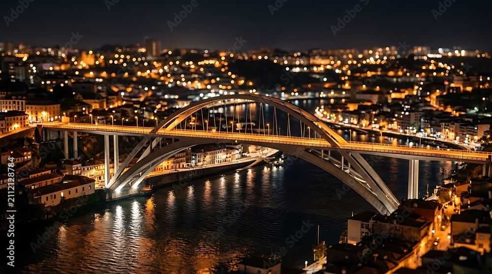 Fototapeta premium Illuminated modern arched bridge crossing a river at night