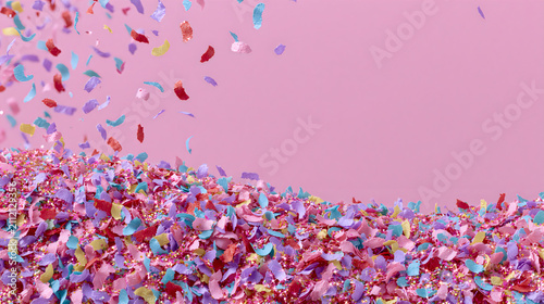 Colorful confetti falling on a pink background