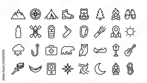 Obraz na plátně Camping and hiking icons set for outdoor adventure activities and travel plannin