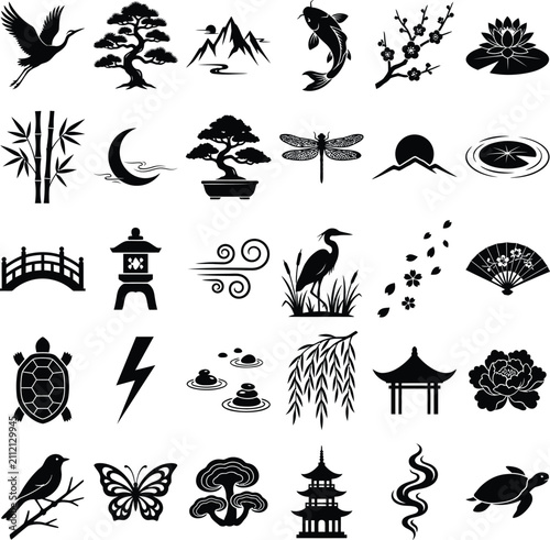 Collection of flat black zen style nature icons featuring oriental landscapes and traditional peaceful elements