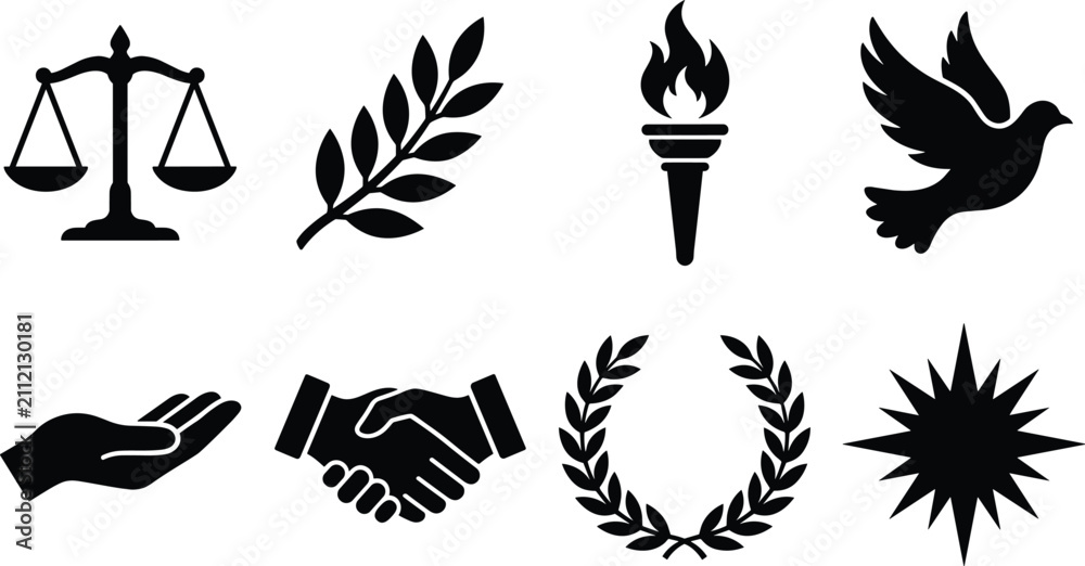 Fototapeta premium Set of black symbolic icons representing justice, peace, success, and professional cooperation for design