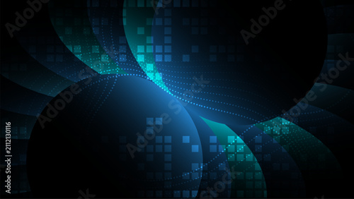 Abstract technology background with layered circular shapes, blue gradients, dotted wave patterns, digital squares, and futuristic geometric design on a dark backdrop