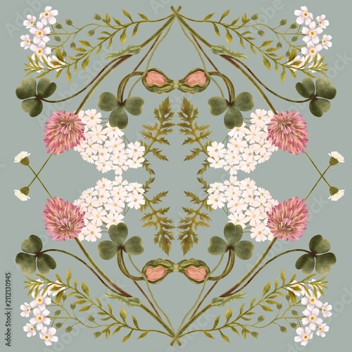 фотографія Vintage botanical seamless symmetric pattern with pink clover, poppy buds, white