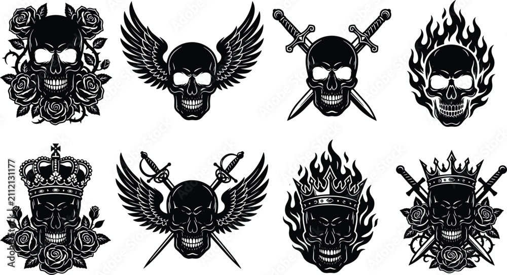 Obraz premium Set of gothic black and white skull vector emblems with roses, wings, swords, and crowns