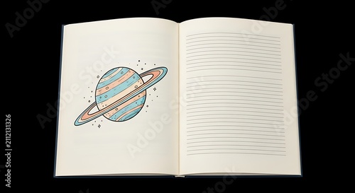 Open Notebook with Saturn Illustration and Lined Pages