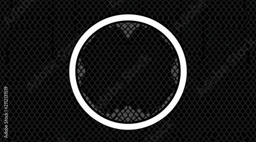 Glowing white neon circle on dark mesh background.