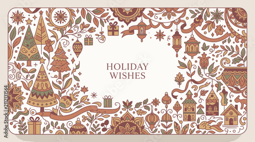 Intricate holiday wishes frame with folk art floral patterns.