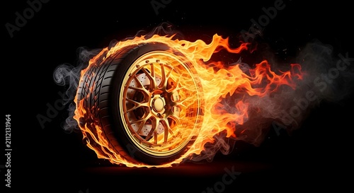 Burning Car Tire with Gold Rim and Realistic Flames