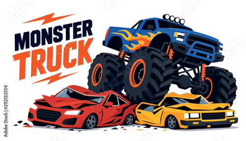 Canvas Print Colorful monster truck crushing small cars illustration.