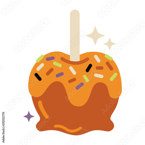 Halloween caramel apple on stick with candle and colorful sprinkles illustration