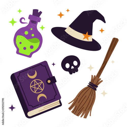 Set of witch magic accessories including hat spellbook cauldron and broomstick in flat cartoon vector style