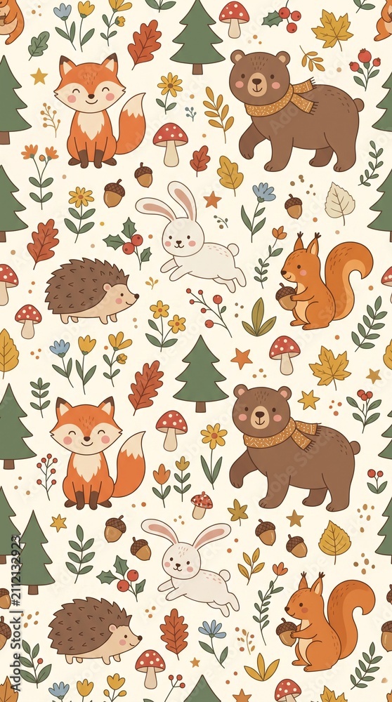 Naklejka premium Adorable Woodland Animal Illustration Pattern with Autumn Nature Elements