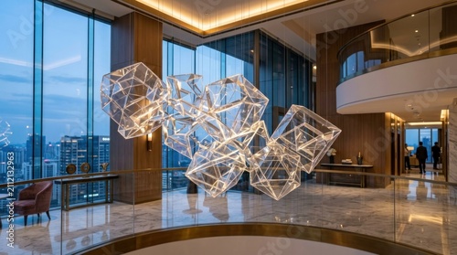 A modern, glass-enclosed lobby with a large, abstract sculpture of geometric shapes hanging from the ceiling, surrounded by large windows and a view of the city skyline.