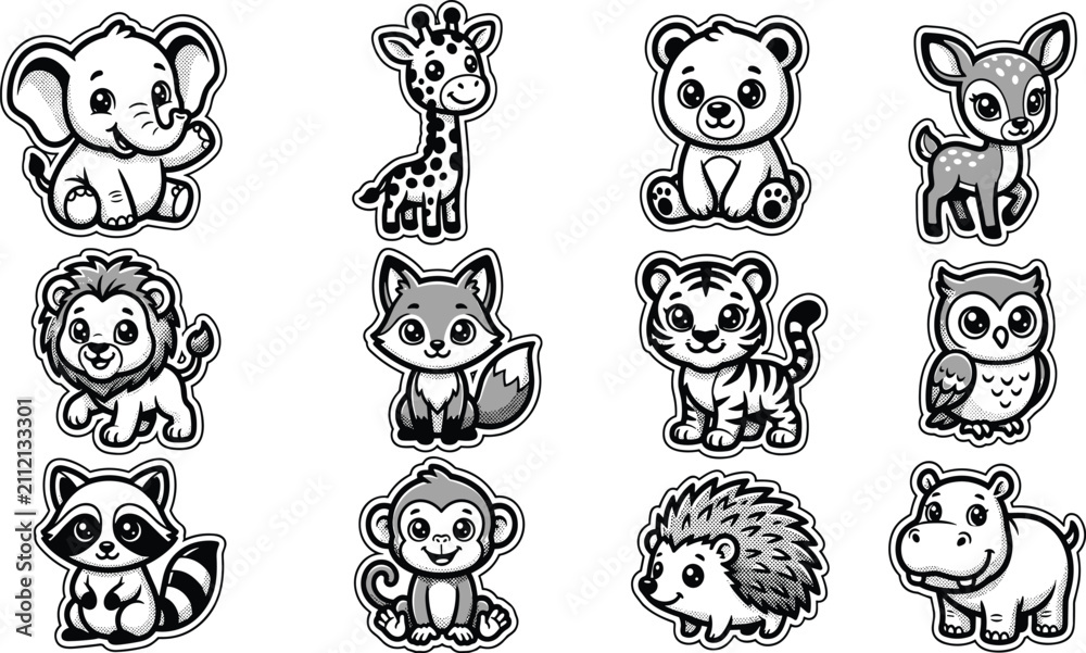 Fototapeta premium Cute Cartoon Wild Animal Sticker Icon Set with Happy Zoo Creatures for Kids Coloring Books Crafting and Children Graphic Designs
