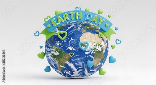 3D Earth Day Globe with Banner and Floating Hearts