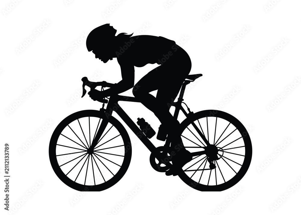 Fototapeta premium Professional female cyclist silhouette isolated on white background created as a clean flat vector graphic design element for sports branding and fitness related visual media projects
