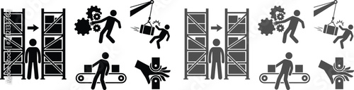 Foto Industrial workplace hazard warning icons set showing machinery pinch points cru