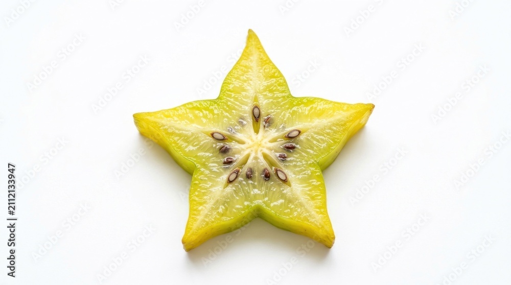 Fototapeta premium A star-shaped slice of yellow fruit, possibly a carambola, with seeds visible in the center, placed against a white background.